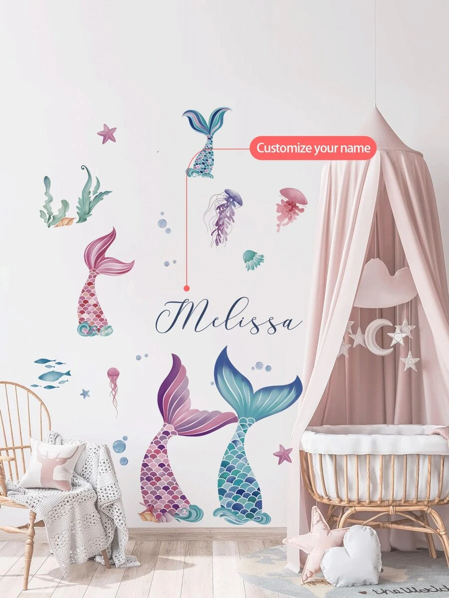1 Stück Meerjungfrauenschwanz, Seetang, Cartoon Wandtattoo, anpassbarer Text Wandaufkleber, erstelle deinen Signaturstil & personalisieren Raum, Schlafzimmer Wohnzimmer Dekor Zuhause abziehbar, Material: PVC