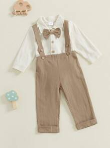 Conjuntos de ropa de otoño e invierno para bebés varones, mono de manga larga con solapa y botones, conjuntos de pantalones con tirantes de color liso - Caqui - Ver 3