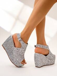 Women's Silver Glitter High Heel Sandals With Thick Platform, Strap Buckle, Summer Outdoor Fashionable Versatile Shoes - Silver - View 2