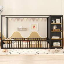 MISSUNNY Full Size Floor Bed Frame With Wardrobe, Metal Floor Bed With Storage Shelves, Black