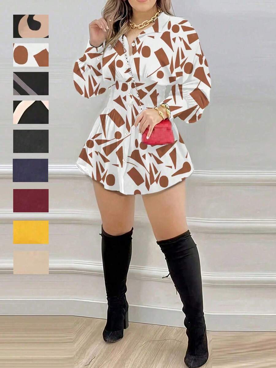 Women's Fashionable Blouse Dress, Random Print With Ruched & Gathered Waist, Long Sleeve Shirt Dress, Spring & Summer, Work Or Casual - 白色 - 查看 1