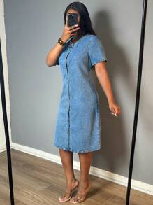 Women's Summer Short Sleeved Button Down Denim Shirt Dress, Vintage Denim Dress, Striped Dress - 中等水洗藍 - 查看 4