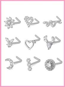 46/8件套多款式20G鼻环耳钉，医用钢材质，镶嵌闪亮锆石花朵，女士鼻环，直型、弯型、L型鼻环，7毫米。多种鼻环套装包含心形、蝴蝶、花朵等款式。 - 多顏色 - 查看 16