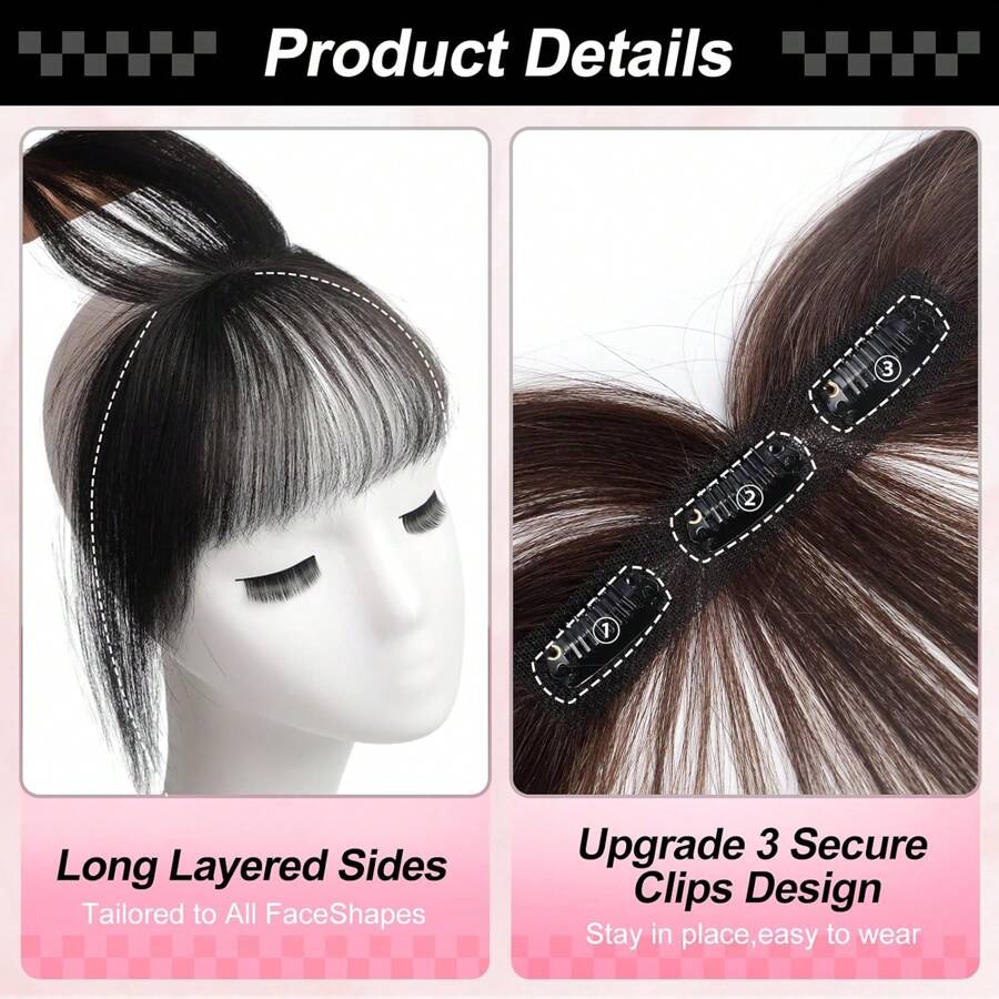 360° Clip-On Air Bangs Hair Extensions, Suitable For Women With Sideburns, 3 Secure Clips, Full Bangs