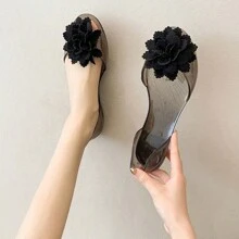 Jelly Sandals For Women, Flower, Peep-Toe, Transparent Plastic, Non-Slip, Flat, Spring/Summer New Fashion Korean Style Casual Shoes