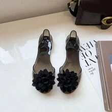 Jelly Sandals For Women, Flower, Peep-Toe, Transparent Plastic, Non-Slip, Flat, Spring/Summer New Fashion Korean Style Casual Shoes