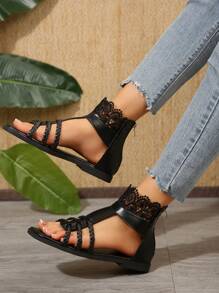 Women Woven Lace Open Toe Back Zipper Roman Sandals, Black Flat Sandals For Spring/Summer - Black - View 2