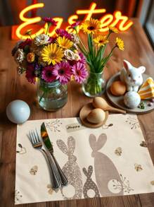 1pc/4pcs/6pcs Spring Decorative Easter Table Mats, Happy Easter, Brown Rabbit Linen Placemats, Dirt-Resistant Dining Mat, Suitable For Home, Restaurant, Dining Table Decor, Home Accessories