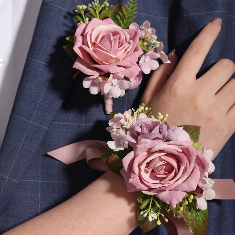 2件套森系人造花、叶和水果装饰品，时尚新郎/伴郎胸花，新娘/伴娘手环，情人节配饰