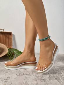 Women's Thick Heel Rope Bottom Peep-Toe Open Toe Transparent Strap Sandals, Casual Slide Sandals For Beach - Clear - View 3