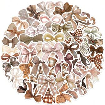 50张蝴蝶结贴纸 棕色贴纸 涂鸦贴纸 复古贴纸 波西米亚风贴纸 乙烯基贴纸 适用于笔记本电脑、滑板、日记本、笔记本、电脑、手机、杯子、吉他、行李箱等