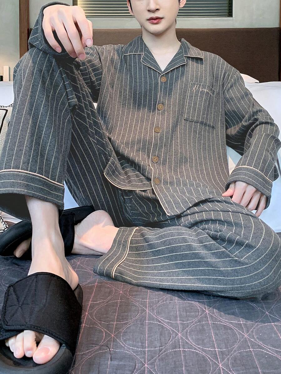 2pcs Men's Pajamas Set, Long Sleeve Top & Pants Sleepwear, Breathable And Moisture-Wicking, Spring/Autumn, Fall Winter Clothes