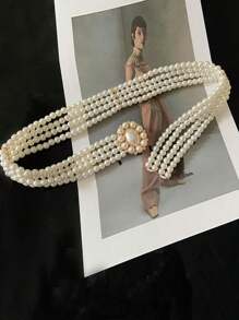 1pc Women's Waist Belt With Faux Pearl Sunflower Crystal Decoration, Elastic Waist Belt To Pair With Dresses, Elegant & Fashionable European And American Style