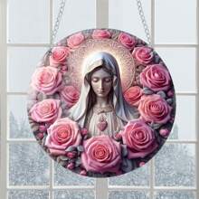 Flower Surrounded Angel Girl Cozy Mother Daughter Acrylic Disc Pendant With String Home Decor - Pink - View 5