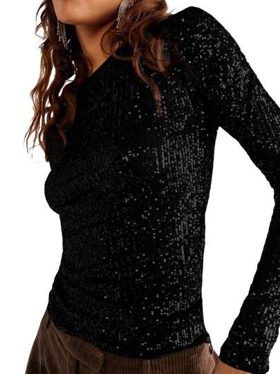 Women Long Sleeve Tops Sequins Basic Shirt Casual Pullover For Fall Club Streetwear Aesthetic Clothes