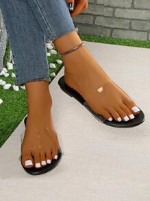 Sandalias de gelatina de punta abierta talla grande para mujer, sandalias planas para playa y uso casual en el hogar, adecuadas para pies grandes y anchos - Negro - Ver 3