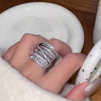 Andkiss 1 件锆石多层开口戒指，简约别致的小众休闲戒指