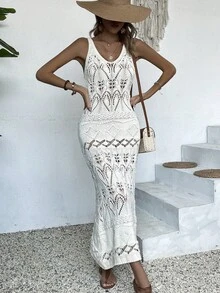优雅女士休闲纯色针织长裙，无袖沙滩裙，适合春夏穿着，白色轻盈度假装，简约复古风格，适合返校季，秋冬长款派对裙，适合圣诞节、感恩节和新年等场合。