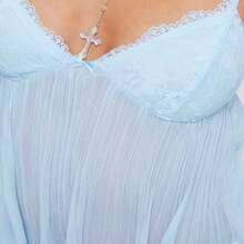 Women's Pleated Camisole Mini Bowknot Front Spaghetti Strap V-Neck Lace Cropped Tops - 藍色 - 查看 6