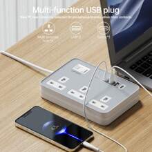 LIPWEL Power Supply 7 In 1 Flat Plug Power Socket Outlet Extension Lead, 4 USB Charging Ports Extension Socket, Wall Mounted, One Key Power Control, Overload Protection, 13A 3120W Power Socket Outlet, Black White Gold For Home Office