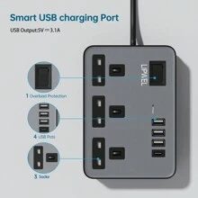 LIPWEL Power Supply 7 In 1 Flat Plug Power Socket Outlet Extension Lead, 4 USB Charging Ports Extension Socket, Wall Mounted, One Key Power Control, Overload Protection, 13A 3120W Power Socket Outlet, Black White Gold For Home Office