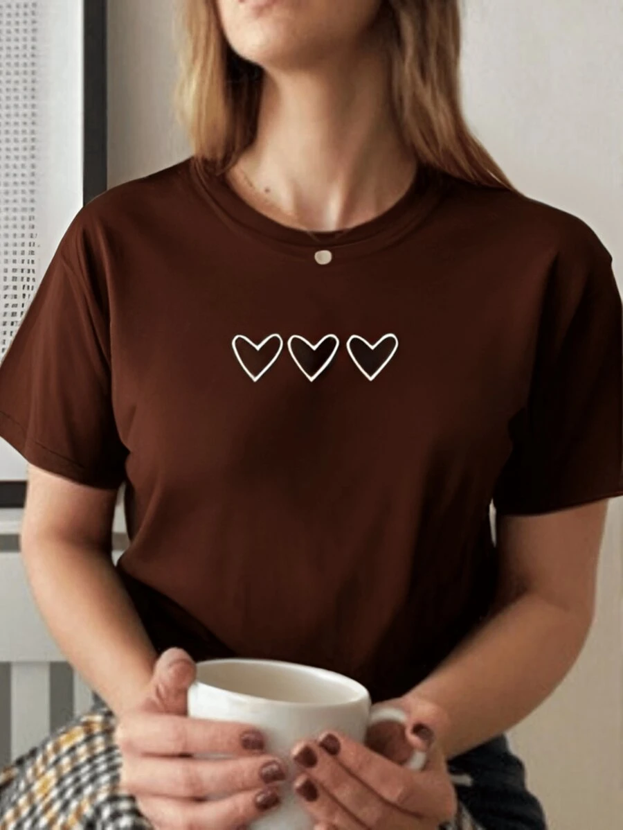 Women's Oversized Basic T-Shirt Three Hearts Heart Cotton Premium Mesh Promotion - Rust Brown - View 1