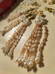 2pcs Handmade White & Gold Faux Pearl, Rhinestone, Tassel Decor Keychain, Phone Case, Purse Charm, Party Accessory, Home Decor, Gift For Friend, Birthday, Anniversary