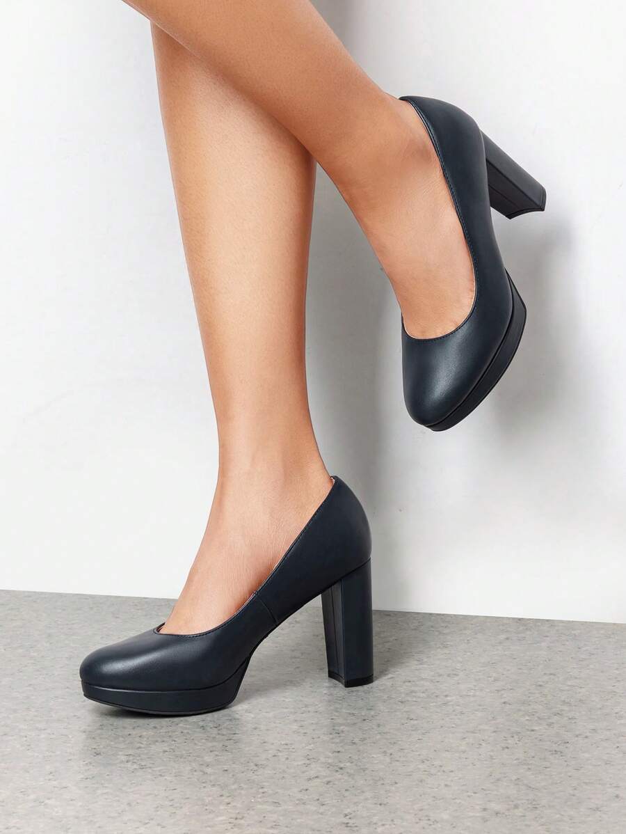 Women's Court Pumps Closed Round Toe Chunky High Heels Platform Work Elegant Comfortable Dress Shoes - Màu xanh hải quân - Xem 1