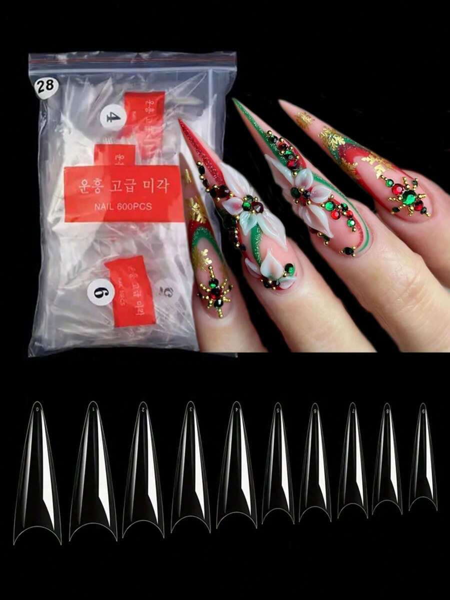 500 cái/túi Đầu móng tay Acrylic Stiletto Quan tài Móng tay hạnh nhân Thực hành Viên nang móng tay Giả Gel mềm giả Bao phủ toàn bộ Đầu móng tay Dụng cụ làm móng