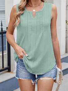 Women Tank Tops Solid Color V-Neck Casual Chiffon Vests Summer Loose Sleeveless Tops Streetwear - Green - View 1