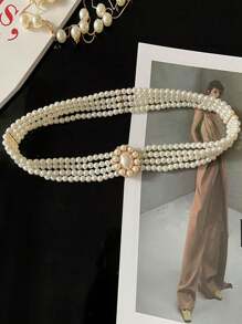 1pc Women's Waist Belt With Faux Pearl Sunflower Crystal Decoration, Elastic Waist Belt To Pair With Dresses, Elegant & Fashionable European And American Style