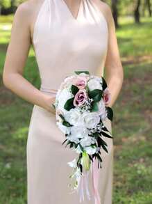 Elegant Artificial Rose Wedding Bouquet, Fabric Floral Arrangement, 19.68 Inches Artificial Rose Bouquet With Ribbons, Bridesmaid Fake Flower Bunch, For Wedding, Bridal & Bridesmaid, Home Decor, Party, Birthday, Valentine's Day & Mother's Day Gift, Wedding Decorations Party Favors Room Decor - Pink - View 1