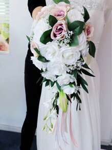 Elegant Artificial Rose Wedding Bouquet, Fabric Floral Arrangement, 19.68 Inches Artificial Rose Bouquet With Ribbons, Bridesmaid Fake Flower Bunch, For Wedding, Bridal & Bridesmaid, Home Decor, Party, Birthday, Valentine's Day & Mother's Day Gift, Wedding Decorations Party Favors Room Decor - Pink - View 2