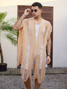 Men's Summer Beach Fashion Knit Open Front Cover Up - Khaki - View 4