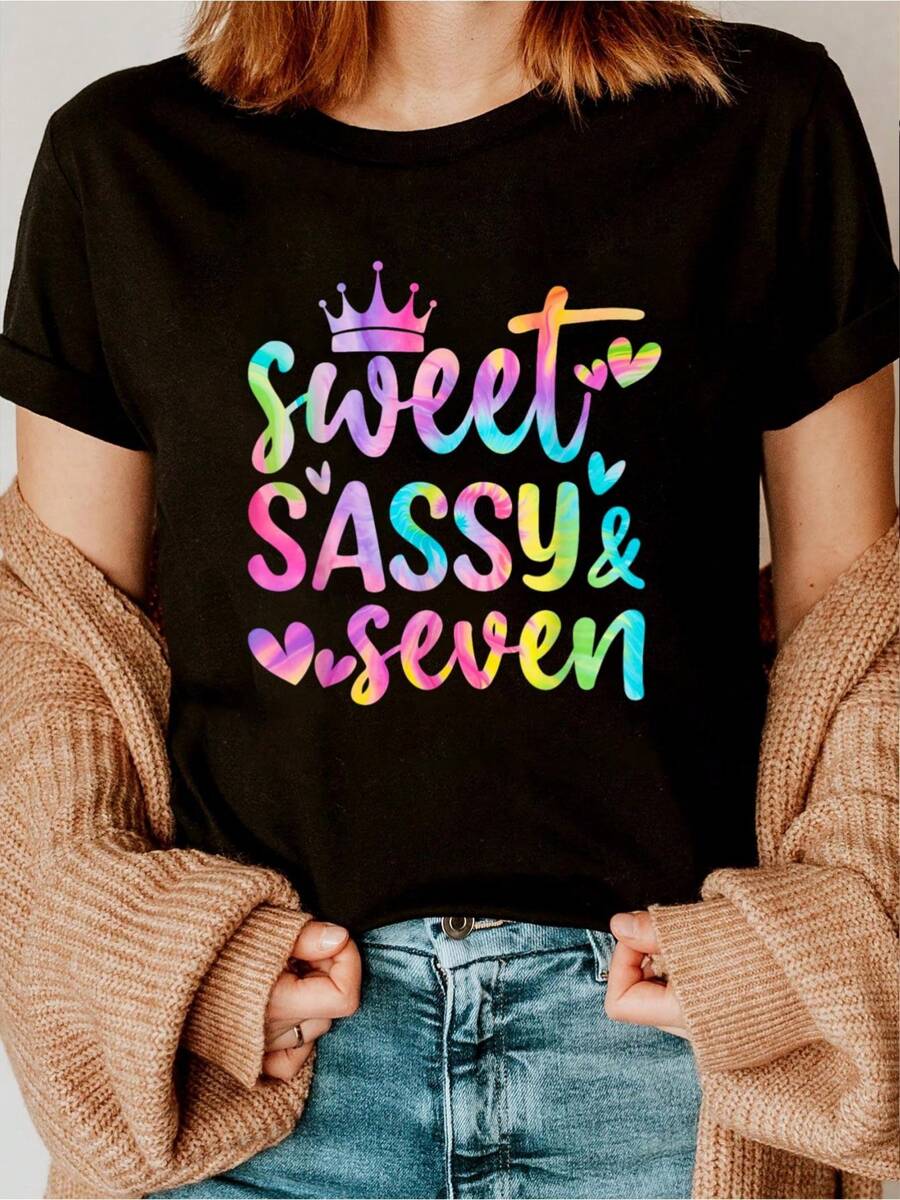 100% Cotton Sweet Sassy And Seven Girls Birthday Tie Dye 7 Year Old Kids T-Shirt
