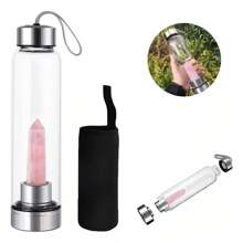 Botella De Agua De Cristal De EnergíA De Piedra Natural,Botellas De Cuarzos 500Ml,Con Bolsa De Tela,A Prueba De Fugas,Aceros Inoxidables,Termos Para Agua,Piedra Curativa,Relaja,Saludable (Rose) - Rosa - Ver 2