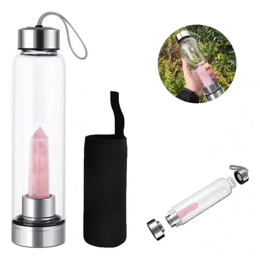 Botella De Agua De Cristal De EnergíA De Piedra Natural,Botellas De Cuarzos 500Ml,Con Bolsa De Tela,A Prueba De Fugas,Aceros Inoxidables,Termos Para Agua,Piedra Curativa,Relaja,Saludable (Rose)