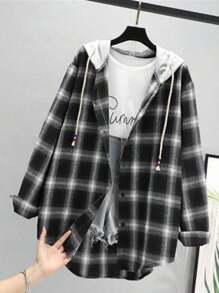 Spring Women Hooded Long Sleeve Plaid Shirt Vintage Loose Sports Cardigan Top
