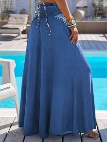 Women's Bohemian Style Loose Solid Color Wide Leg Pants, Comfortable And Versatile, Spring/Summer - Blue - View 2