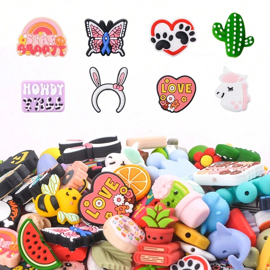 100 件什锦硅胶珠 DIY 工艺套件，带串珠笔和钥匙扣吊坠配件，男女通用手工礼物，5/30/50/100 件灵活数量（不限于图片所示款式，随机混合发货）