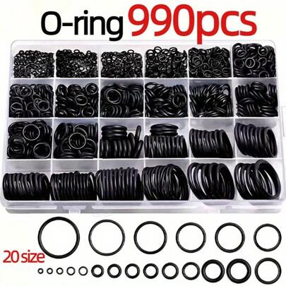 990 piezas Kit de aros tóricos de goma de nitrilo, dureza 70A, sección transversal redonda, surtido de juntas de goma sintética, 20 tamaños para lavadora a presión, plomería, sellos de aire y gas, resistente al calor y al aceite