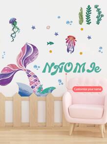 1 Stück Meerjungfrauenschwanz, Seetang, Cartoon Wandtattoo, anpassbarer Text Wandaufkleber, erstelle deinen Signaturstil & personalisieren Raum, Schlafzimmer Wohnzimmer Dekor Zuhause abziehbar, Material: PVC