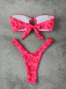 Conjunto de bikini con estampado floral oficial de polo y fruncido