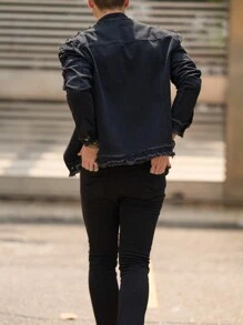 Men Long Sleeve Distressed Light Blue Denim Jacket, Stylish Casual Denim Outerwear, Fall - Black - View 6