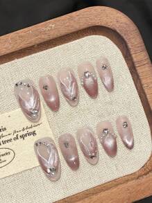 10 Stück Meerjungfrau-Fischschwanz-Perlendekoration, rosa Katzenauge, handgefertigte französische Aufdrücknägel, glitzernde Valentinstagsnägel, mittellange ovale künstliche Nägel, DIY-Nagelkunstzubehör, wiederverwendbar, mit Gelee-Kleber und Nagelfeile