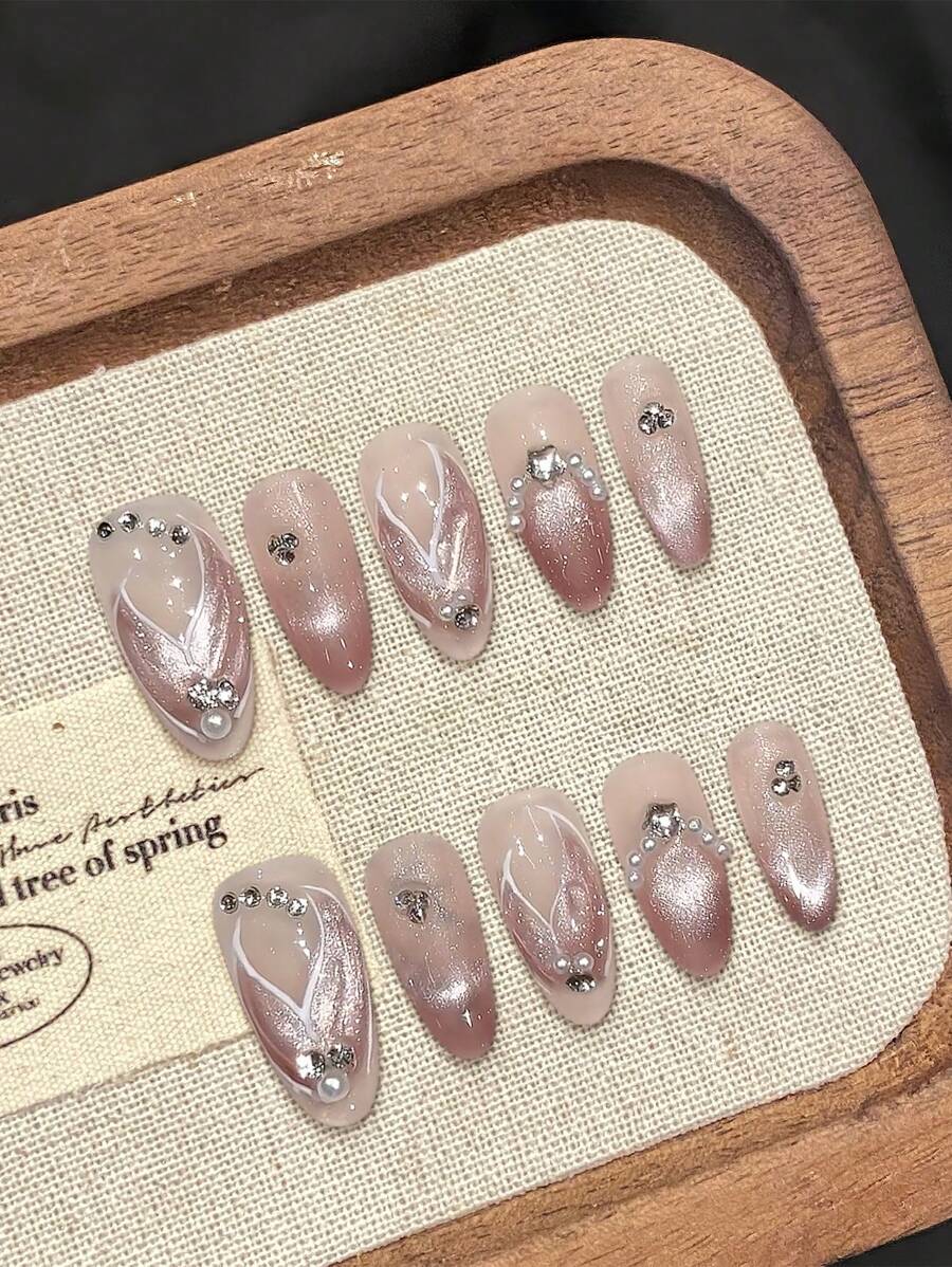 10 Stück Meerjungfrau-Fischschwanz-Perlendekoration, rosa Katzenauge, handgefertigte französische Aufdrücknägel, glitzernde Valentinstagsnägel, mittellange ovale künstliche Nägel, DIY-Nagelkunstzubehör, wiederverwendbar, mit Gelee-Kleber und Nagelfeile