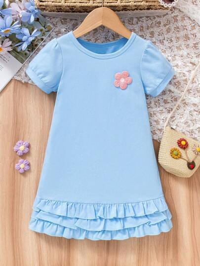 Young Girl Flower Applique Princess Floral Hemline Dress
