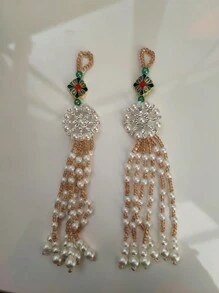 2pcs Handmade White & Gold Faux Pearl, Rhinestone, Tassel Decor Keychain, Phone Case, Purse Charm, Party Accessory, Home Decor, Gift For Friend, Birthday, Anniversary