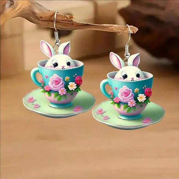 A Cute Pair Of 2D Acrylic Bunny Earrings With Stainless Steel Hooks, Designed With A Shy Bunny Hiding In A Flower-Filled Tea Cup, Perfect As An Easter Gift, Seasonal Fashionable Dangle Earrings For Women