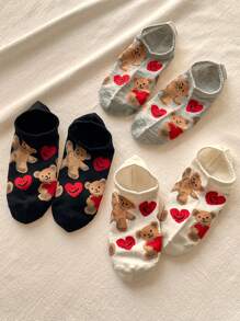 1/3 Pairs Of Women's Invisible Socks, Love Bear Ankle Socks, Suitable For All Seasons, Random Colors - View 7